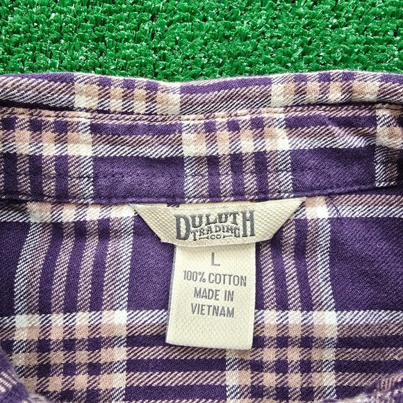 Duluth Trading Shirt Womens Large Purple Tan Plaid Button Up Hiking Long Sleeve - Picture 5 of 7